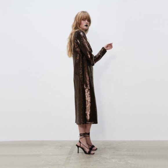 NWT Zara brown sequin long sleeve knit midi holiday dress, S - Picture 3 of 16
